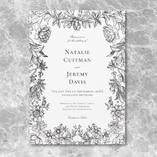 Invitación Boda floral de tapicería blanca y negra vintage