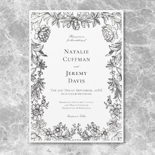 Invitación Boda floral de tapicería blanca y negra vintage