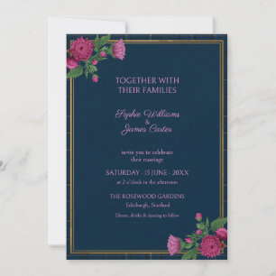 Invitación Boda floral de tartán naval