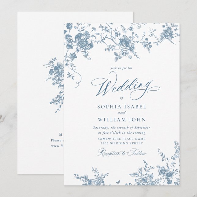 Invitación Boda Floral de tela del Jardín francés azul victor (Anverso / Reverso)