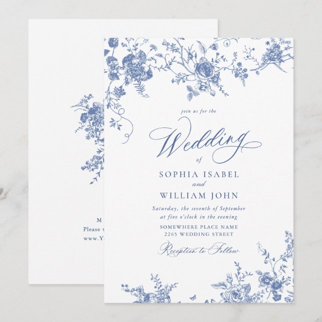 Invitación Boda Floral de tela del Jardín francés azul victor (Anverso / Reverso)