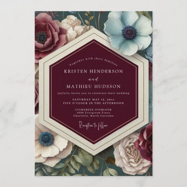 Invitación Boda Floral de Terciopelo Borgoña (Anverso)