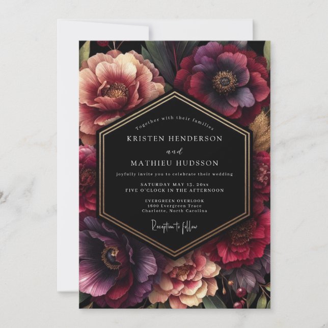 Invitación Boda Floral de Terciopelo Borgoña (Anverso)