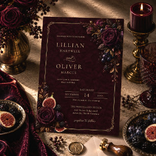 Invitación Boda floral de terciopelo borgoña dorado temperame