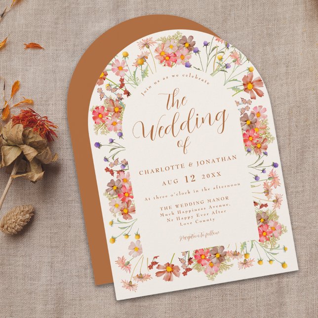 Invitación Boda Floral de Terracota (Boho fall wildflower arch elegant script terracotta burnt orange wedding invitation )