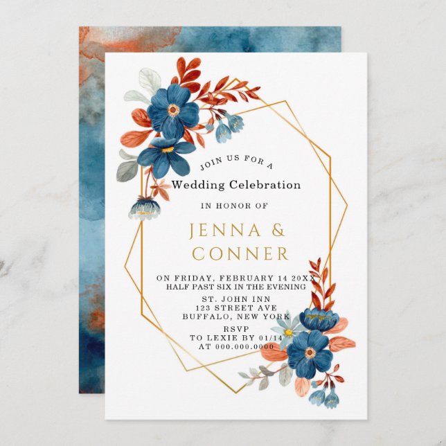 Invitación Boda floral de terracota azul marino dorado (Anverso / Reverso)