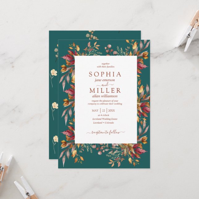 Invitación Boda floral de terracota de acuarela azul verdoso  (Anverso/Reverso In Situ)