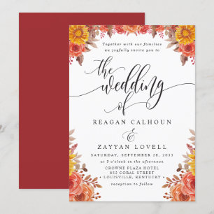 Invitación Boda floral de terracota de Borgoña de otoño 