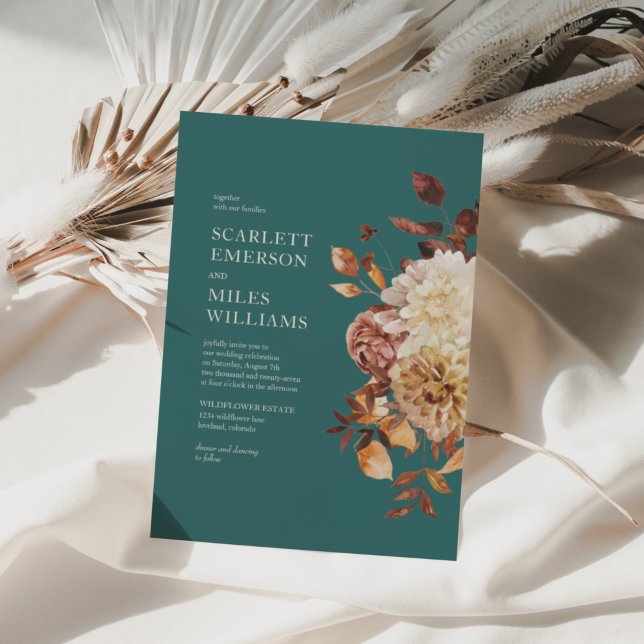 Invitación Boda Floral de Terracota de Otoño Moderna Turquesa (Teal Modern Fall Terracotta Floral Wedding Invitation by Painted Paperie
)