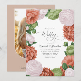 Invitación Boda floral de terracota en verde olivo y melocotó