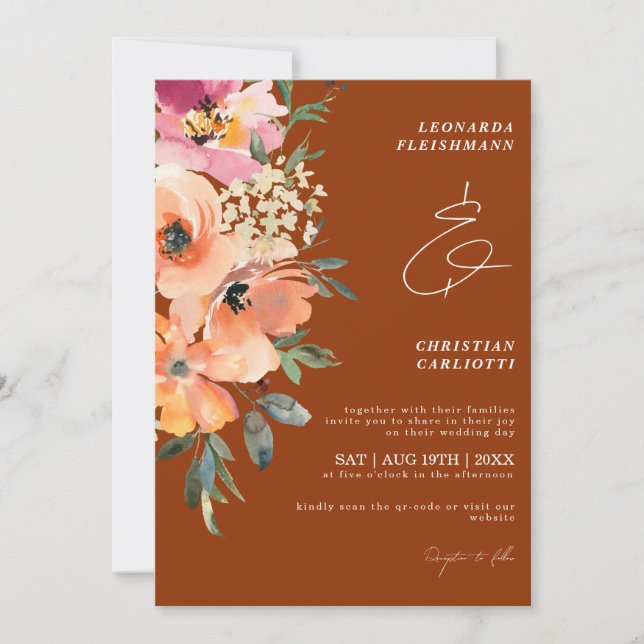 Invitación Boda floral de terracota oxidada (Anverso)