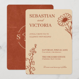 Invitación Boda Floral de Terracota Vintage-Elegante Minimali