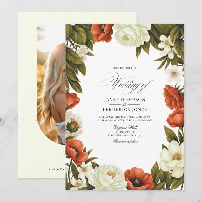 Invitación Boda floral de terracota y verde oliva suave marfi (Anverso / Reverso)