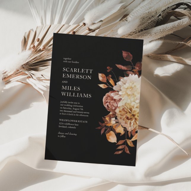 Invitación Boda floral de Terracotta de otoño moderno negro (Subido por el creador)