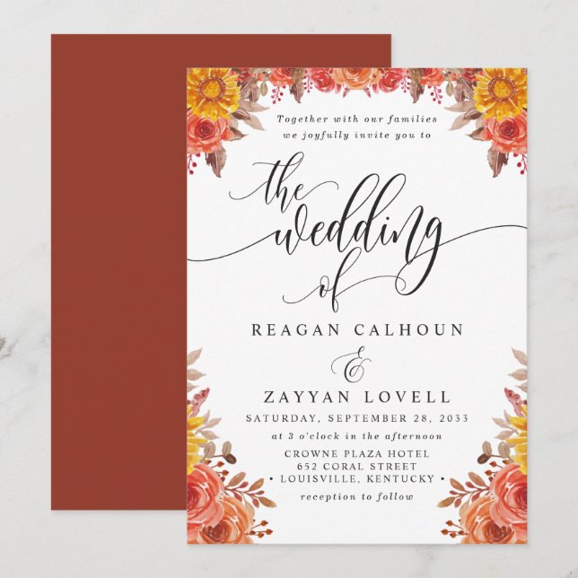 Invitación Boda floral de Terracotta Rustic Fall (Anverso / Reverso)