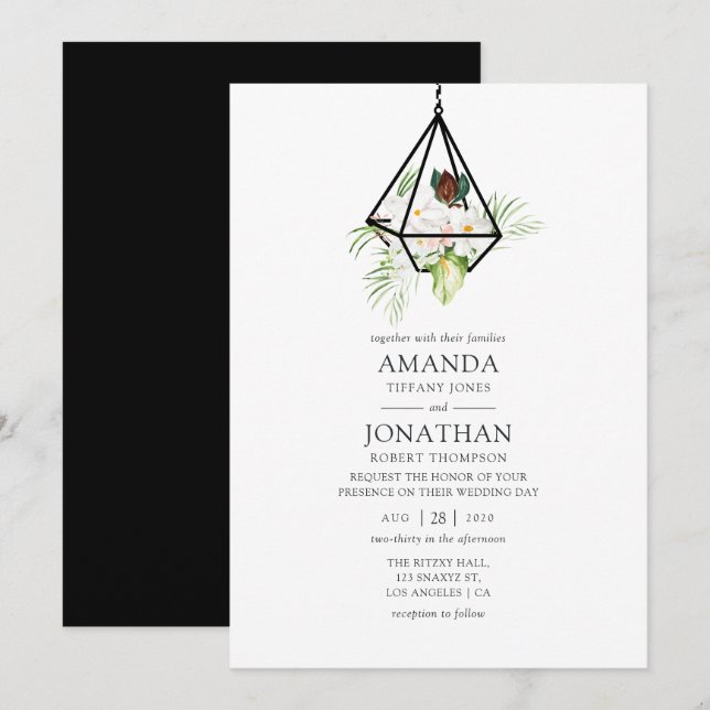 Invitación Boda floral de terrario geométrico boho (Anverso / Reverso)