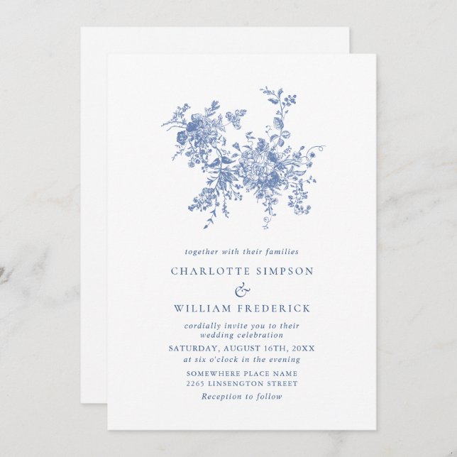 Invitación Boda floral de toile azul sencillamente elegante (Anverso / Reverso)