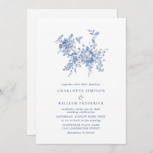 Invitación Boda floral de toile azul sencillamente elegante
