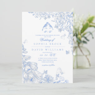 Invitación Boda floral de toile francés azul blanco