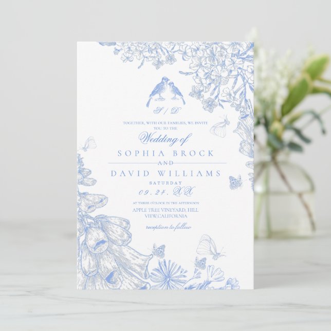 Invitación Boda floral de toile francés azul blanco (Anverso de pie)