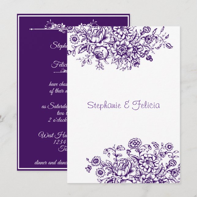 Invitación Boda Floral de toile morado y blanco (Anverso / Reverso)