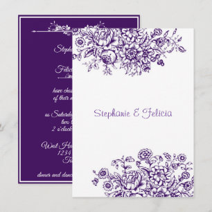 Invitación Boda Floral de toile morado y blanco