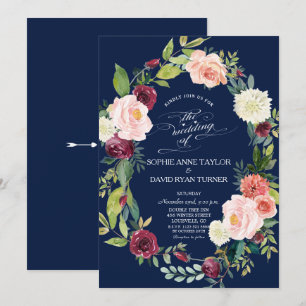 Invitación Boda Floral de Tono Burdeos y Rosa Oscuro Azul