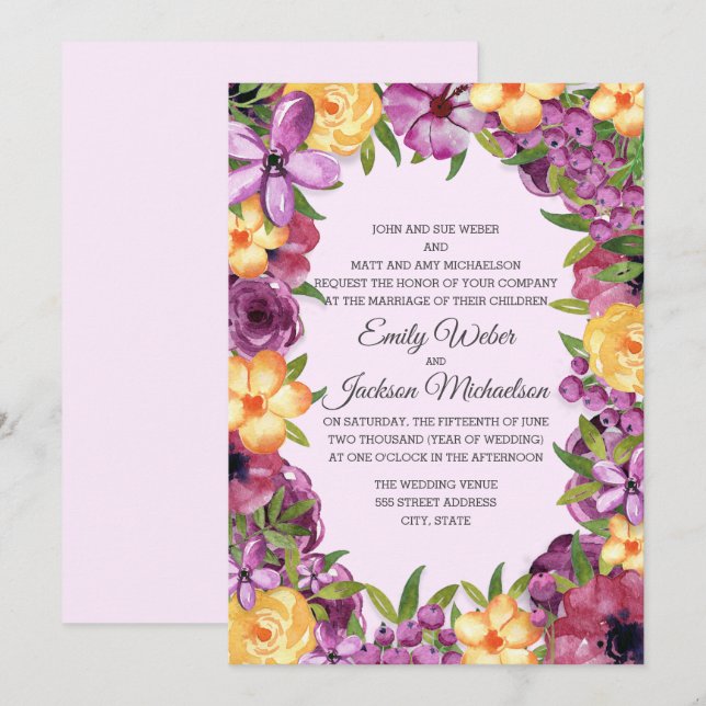 Invitación Boda floral de tono de jeta morado amarillo (Anverso / Reverso)