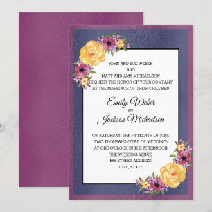 Invitación Boda floral de tono de joya amarillo púrpura azul 