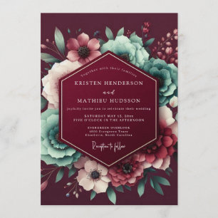 Invitación Boda floral de tono joya de Borgoña