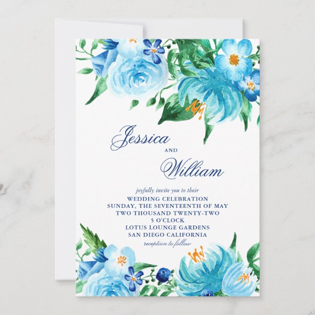 Invitación Boda floral de tonos azul acuarela (Anverso)