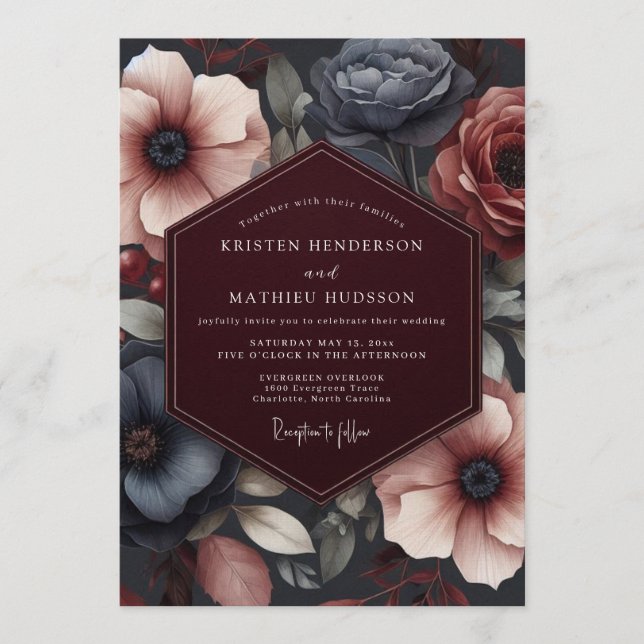 Invitación Boda floral de tonos joya de Borgoña (Anverso)