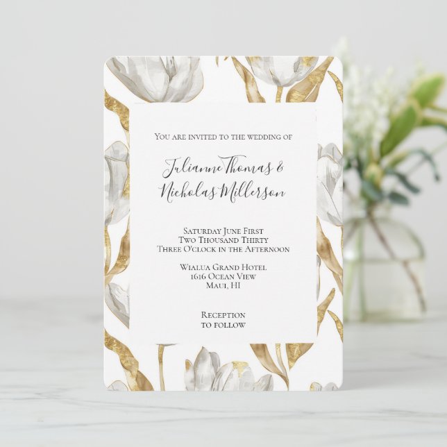 Invitación Boda floral de tulipanes blancos de oro romántico (Anverso de pie)