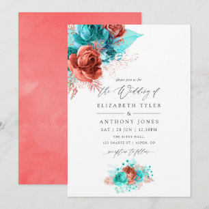 Invitación Boda floral de turquesa y coral vivo