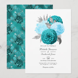 Invitación Boda floral de turquesa y plata