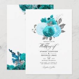 Invitación Boda floral de turquesa y plata - Verde azulado