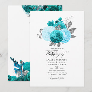 Invitación Boda floral de turquesa y plata - Verde azulado