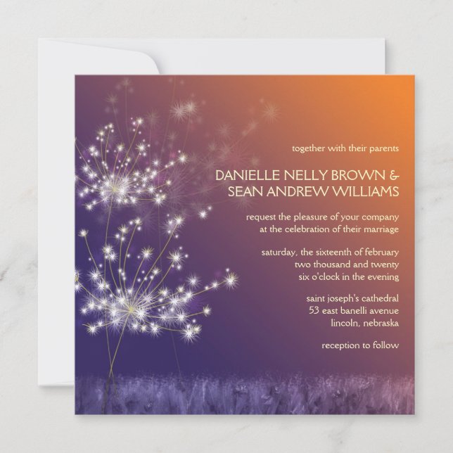 Invitación Boda Floral de Twilight Dandelions (Anverso)