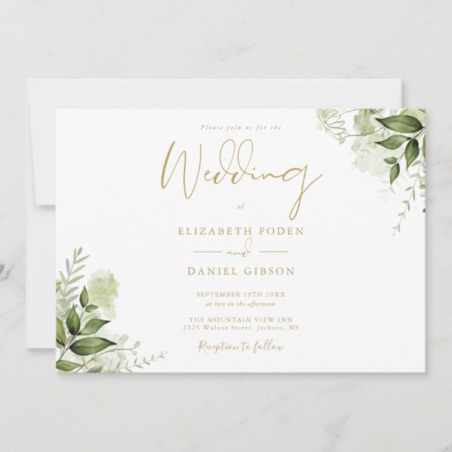 Invitación Boda floral de vegetación Foto guión dorado elegan (Anverso)