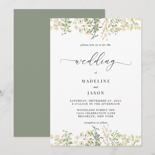 Invitación Boda floral de veneración con guión caprichoso (Anverso / Reverso)