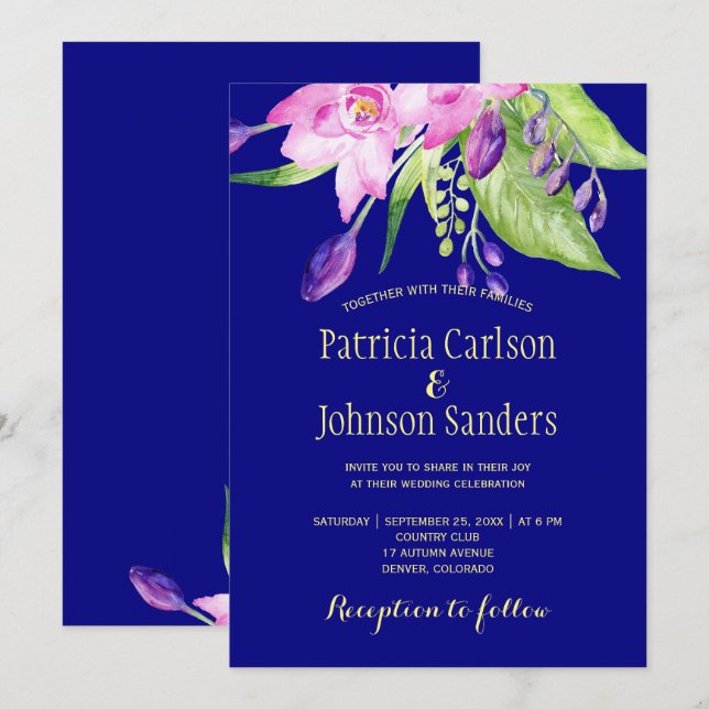 Invitación Boda floral de verano con acuarela marina de cirue (Anverso / Reverso)