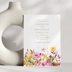 Invitación Boda floral de verano con acuarela rosa y amarilla