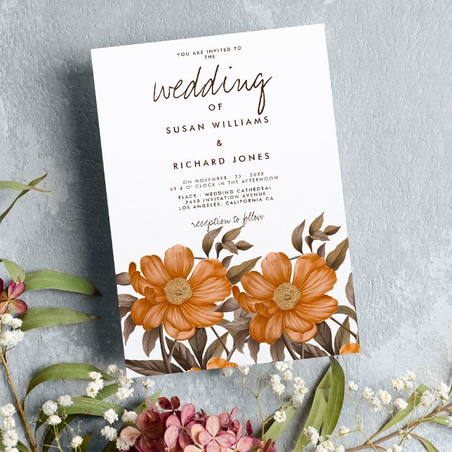 Invitación Boda floral de verano con naranja pardo suave botá (Botanical soft brown orange summer floral wedding)