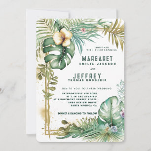 Invitación Boda Floral de Verano con Palma Exótica en la Play