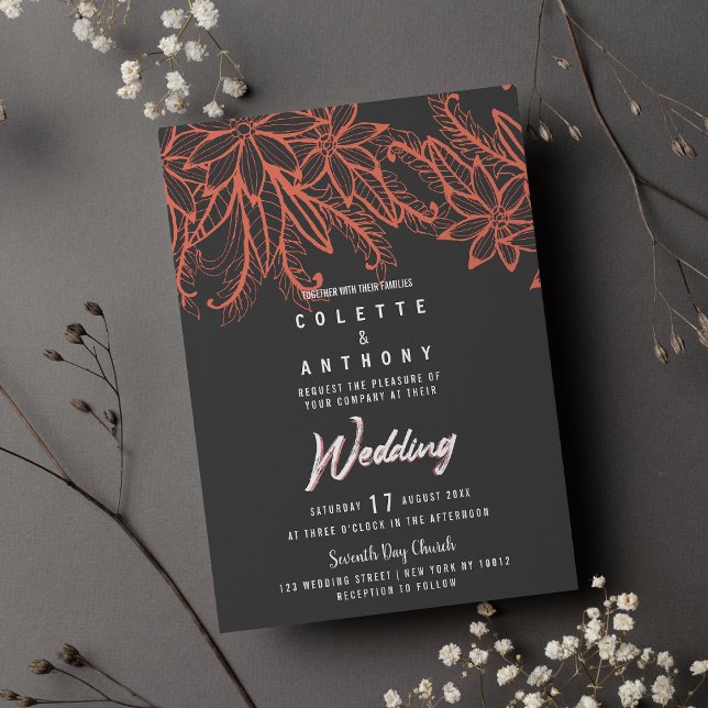 Invitación Boda floral de verano de coral gris moderno (Modern gray coral summer floral theme Wedding)