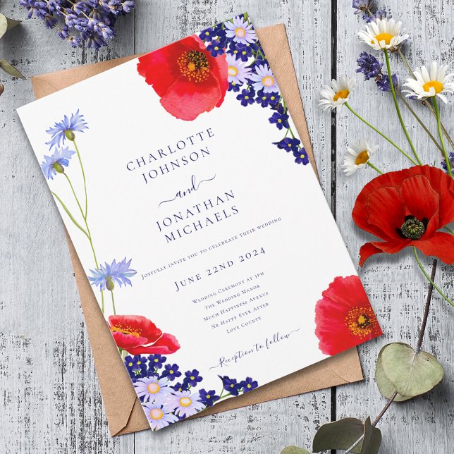 Invitación Boda floral de verano elegante azul de la Marina m (Modern wildflower floral navy blue and red wedding invitation )
