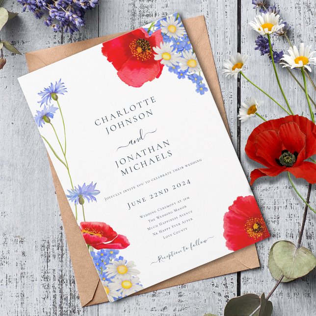 Invitación Boda floral de verano elegante y azul moderno (Modern wildflower watercolor boho blue wedding invitation )