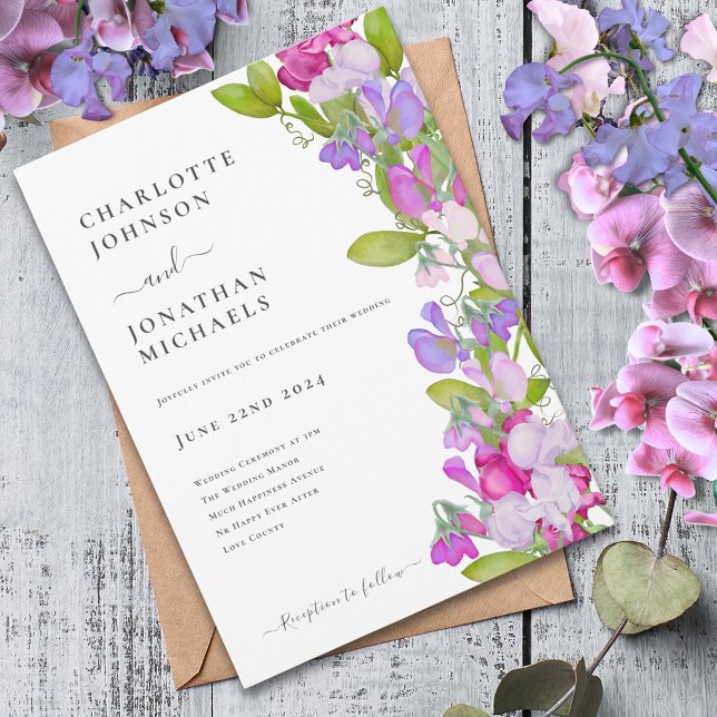 Invitación Boda floral de verano elegante y moderno (Modern sweetpea floral pink purple wedding invitation)