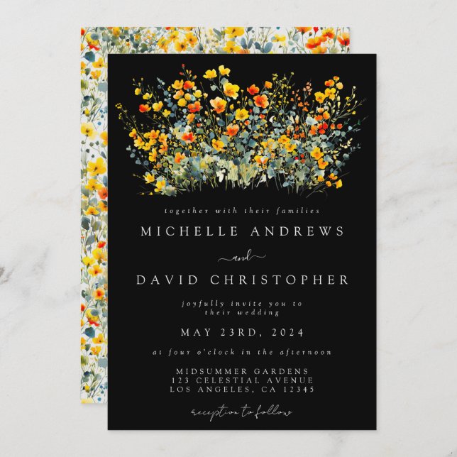 Invitación Boda floral de verano negro colorido (Anverso / Reverso)