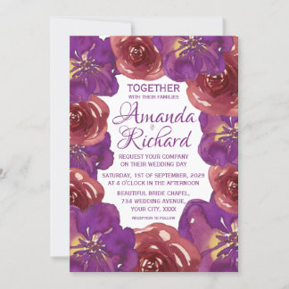 Invitación Boda floral de verano primavera rojo y púrpura bri